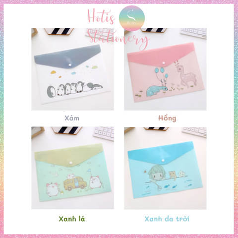 [HOTIS] Bìa nút đựng tài liệu A4 in màu họa tiết hoạt hình, sọc trơn - Nhiều mẫu