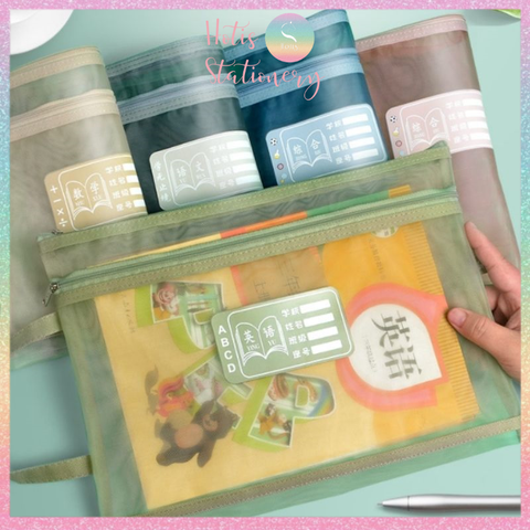 [HOTIS] Túi lưới đựng tài liệu khổ A4 màu Morandi, xuyên thấu, có khóa kéo, siêu tiện lợi