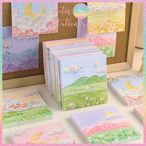 [HOTIS] [16 MẪU] Tệp 80 tờ giấy ghi chú tranh phong cảnh, giấy note hình thú đáng yêu - 8x8cm