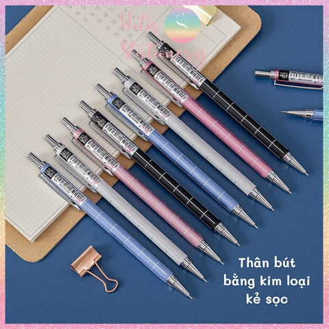 [HOTIS] Bút chì bấm kim ngòi 0.5/ 0.7mm, thân bút bằng kim loại có kẻ rãnh sọc