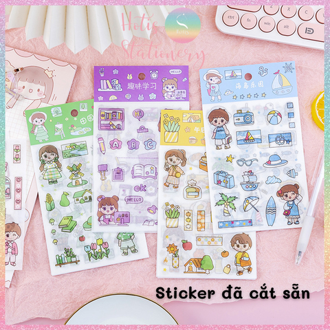 [HOTIS] Set 4 tấm sticker cô bé cute trang trí sổ tay, bàn học - 18x10.5cm