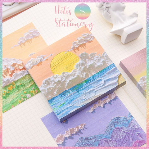 [HOTIS] [16 MẪU] Tệp 80 tờ giấy ghi chú tranh phong cảnh, giấy note hình thú đáng yêu - 8x8cm