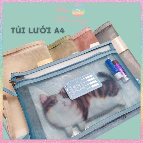 [HOTIS] Túi lưới đựng tài liệu khổ A4 màu Morandi, xuyên thấu, có khóa kéo, siêu tiện lợi