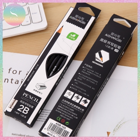 [HOTIS] Hộp 12 bút chì gỗ lục giác 2B vỏ màu đen - Kèm chuốt