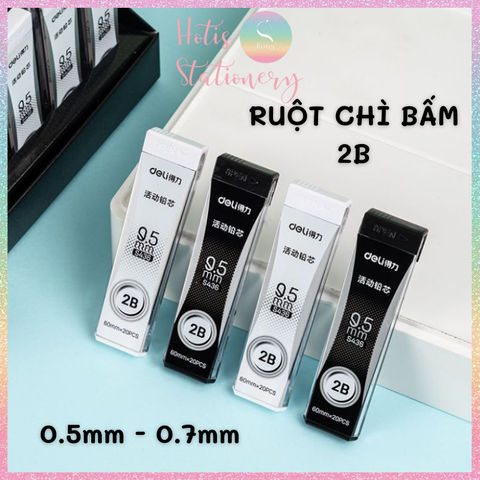 [HOTIS] Ruột bút chì bấm kim Deli ngòi 0.5/ 0.7mm 2B dạng hộp trắng đen nắp trượt