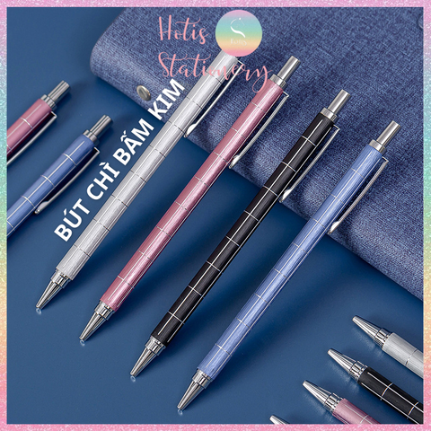 [HOTIS] Bút chì bấm kim ngòi 0.5/ 0.7mm, thân bút bằng kim loại có kẻ rãnh sọc