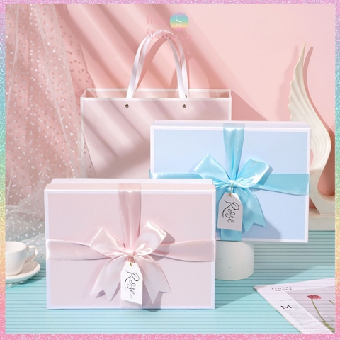 [HOTIS] Set hộp đựng quà tặng thắc nơ kèm túi giấy màu xanh hồng pastel tặng quà - KT 30x22x10cm