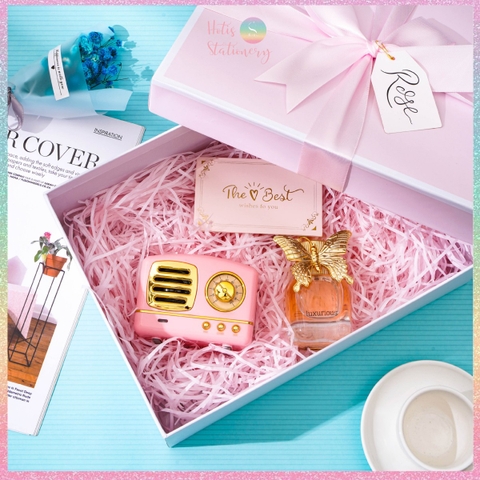 [HOTIS] Set hộp đựng quà tặng thắc nơ kèm túi giấy màu xanh hồng pastel tặng quà - KT 30x22x10cm