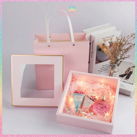 [HOTIS] 6 màu - Set Hộp đựng quà tự gấp có cửa sổ trong suốt kèm Túi giấy tiện lợi tiết kiệm hơn KT 22x22x8cm