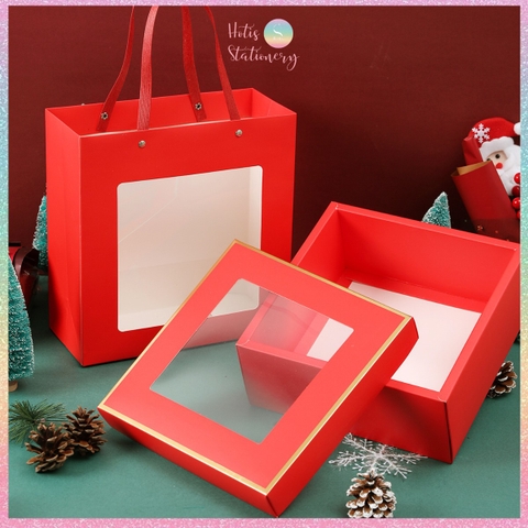 [HOTIS] 6 màu - Set Hộp đựng quà tự gấp có cửa sổ trong suốt kèm Túi giấy tiện lợi tiết kiệm hơn KT 22x22x8cm