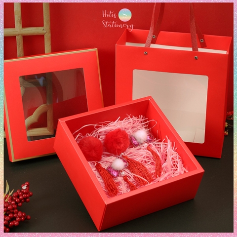 [HOTIS] 6 màu - Set Hộp đựng quà tự gấp có cửa sổ trong suốt kèm Túi giấy tiện lợi tiết kiệm hơn KT 22x22x8cm