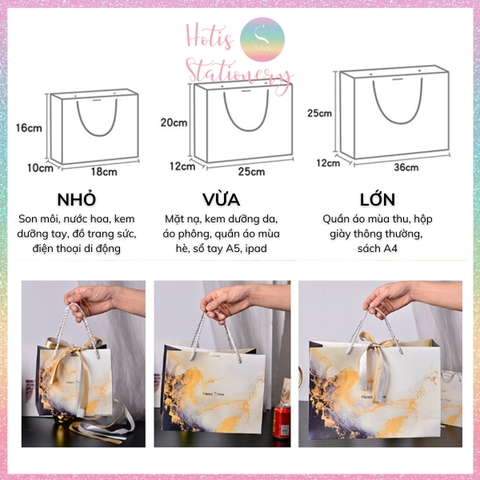 [HOTIS] 8 MẪU - Túi giấy đựng quà tặng vân gold gradient có quai xách và tặng kèm ruy băng thắc nơ đôi - 3 size