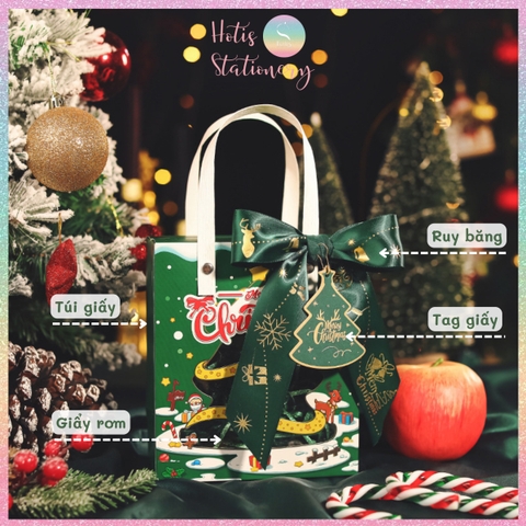 [HOTIS] Túi Giấy Giáng Sinh Có Cửa Kính Trong Suốt - Túi Đựng Quà Noel Sang Trọng, Kèm Phụ Kiện Trang Trí