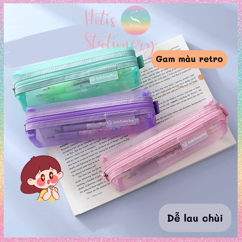 [HOTIS] Túi lưới đựng bút trong suốt gam màu retro sang chảnh hiện đại