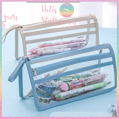 [HOTIS] Túi đựng bút trong suốt viền vải dung tích lớn 4 ngăn