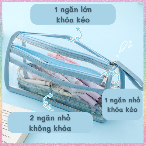 [HOTIS] Túi đựng bút trong suốt viền vải dung tích lớn 4 ngăn
