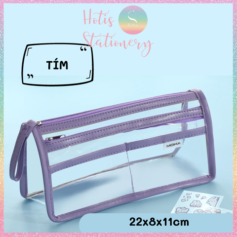 [HOTIS] Túi đựng bút trong suốt viền vải dung tích lớn 4 ngăn