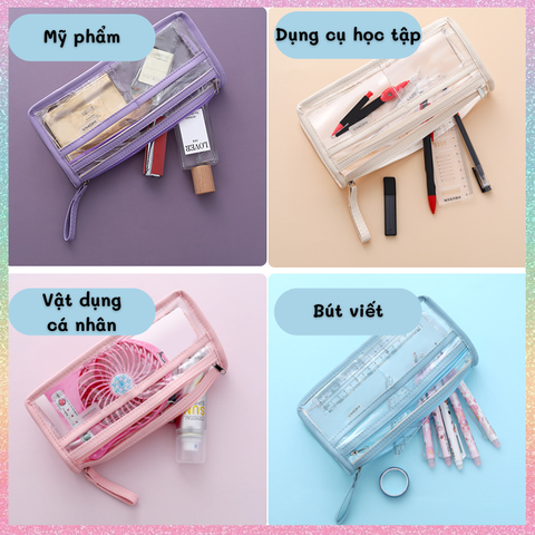 [HOTIS] Túi đựng bút trong suốt viền vải dung tích lớn 4 ngăn