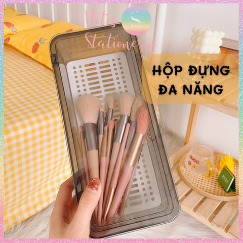 [HOTIS] Hộp đựng đồ đa năng bằng nhựa, đựng bút, sticker, cọ vẽ, cọ trang điểm, bông phấn