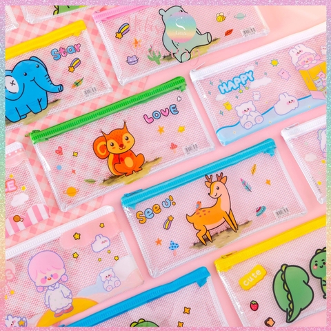 [HOTIS] Túi đựng bút trong suốt phối lưới in họa tiết hoạt hình dễ thương