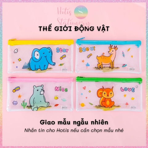 [HOTIS] Túi đựng bút trong suốt phối lưới in họa tiết hoạt hình dễ thương