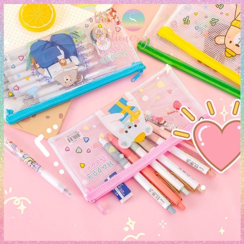 [HOTIS] Túi đựng bút trong suốt phối lưới in họa tiết hoạt hình dễ thương