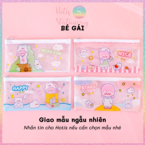 [HOTIS] Túi đựng bút trong suốt phối lưới in họa tiết hoạt hình dễ thương