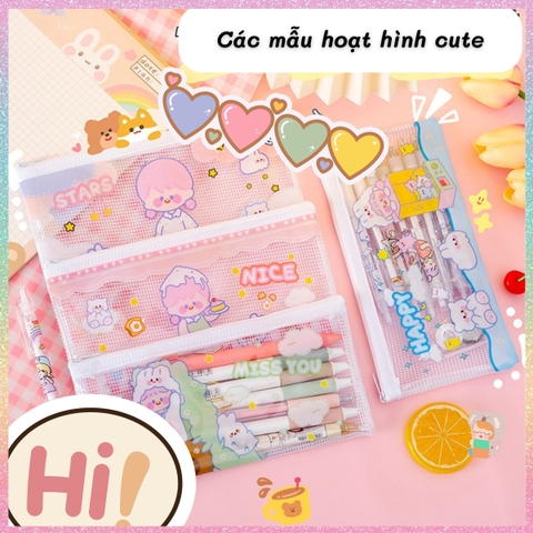 [HOTIS] Túi đựng bút trong suốt phối lưới in họa tiết hoạt hình dễ thương