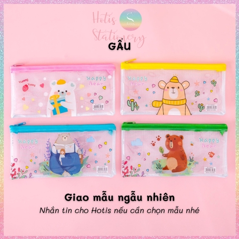 [HOTIS] Túi đựng bút trong suốt phối lưới in họa tiết hoạt hình dễ thương