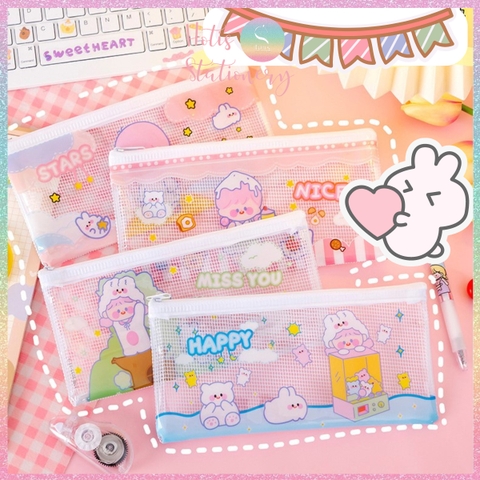 [HOTIS] Túi đựng bút trong suốt phối lưới in họa tiết hoạt hình dễ thương