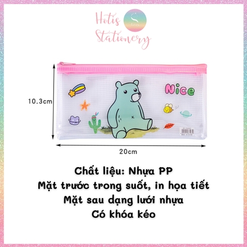 [HOTIS] Túi đựng bút trong suốt phối lưới in họa tiết hoạt hình dễ thương
