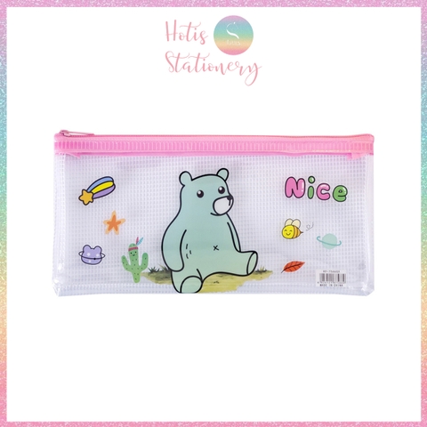 [HOTIS] Túi đựng bút trong suốt phối lưới in họa tiết hoạt hình dễ thương