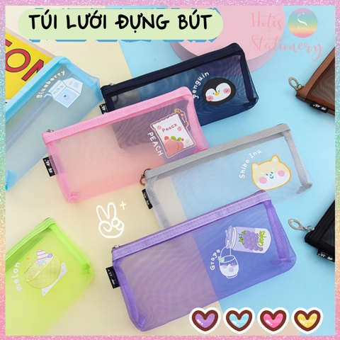 [HOTIS] Túi lưới đựng bút trong suốt hoạt hình màu dễ thương - Bóp viết có 8 màu