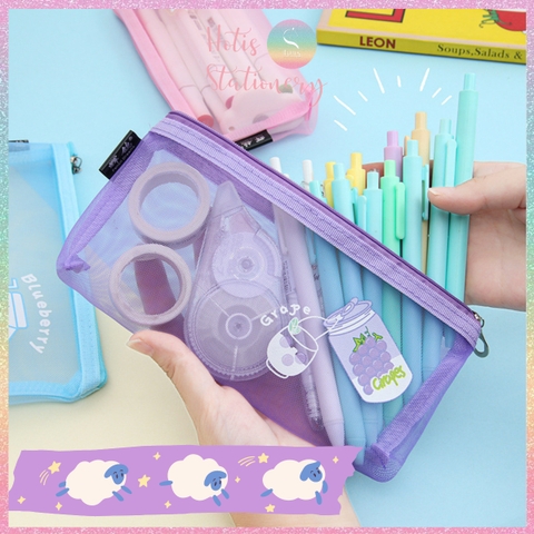 [HOTIS] Túi lưới đựng bút trong suốt hoạt hình màu dễ thương - Bóp viết có 8 màu