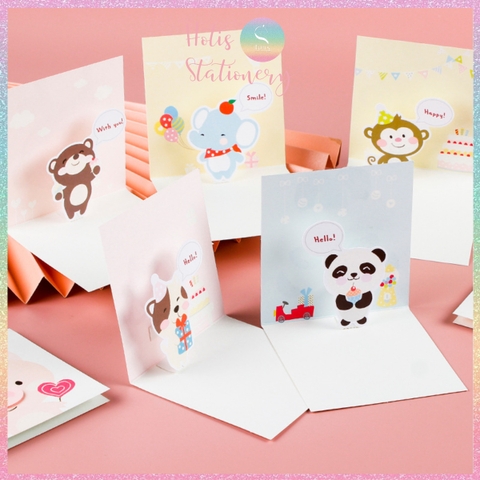 [HOTIS] Thiệp giấy 3D hình thú đáng yêu gấp gọn, kèm bao thư giấy, tặng quà sinh nhật, valentine