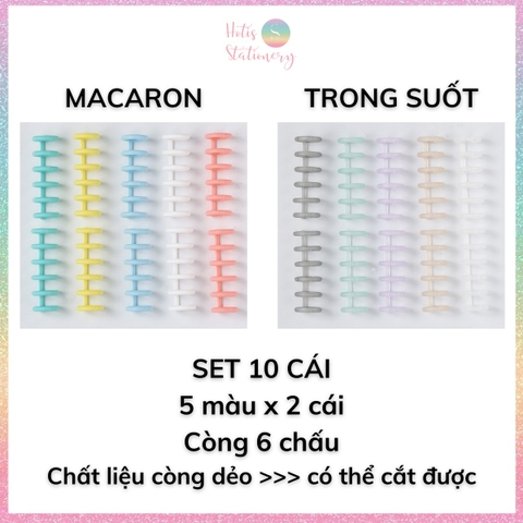 [HOTIS] Set 10 thanh còng mini 6 chấu màu macaron trong suốt làm sổ khổ A5/ B5/ A4