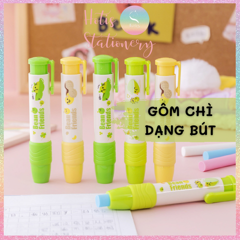 [HOTIS] Set gôm tẩy dạng bút hoạt hình cute cho bé, kèm lõi gôm thay thế