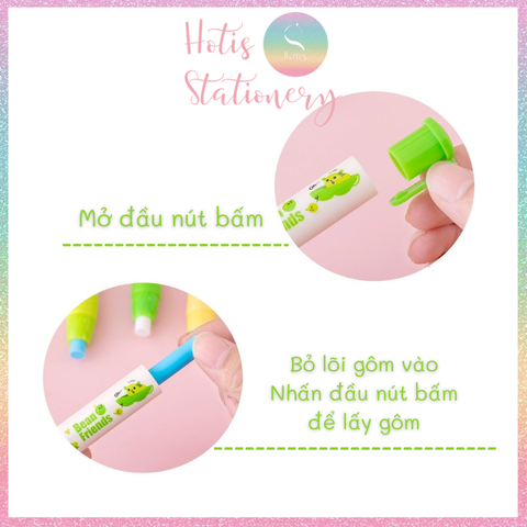 [HOTIS] Set gôm tẩy dạng bút hoạt hình cute cho bé, kèm lõi gôm thay thế
