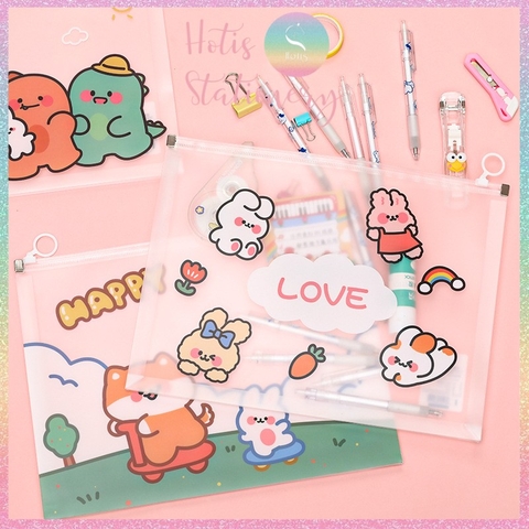 [HOTIS] Bìa đựng tài liệu A4 khóa zip họa tiết hoa lá, hoạt hình dễ thương