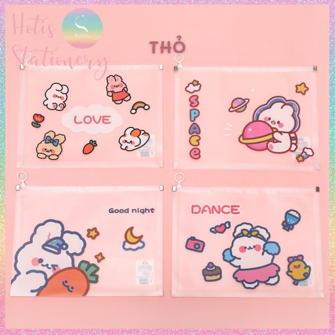 [HOTIS] Bìa đựng tài liệu A4 khóa zip họa tiết hoa lá, hoạt hình dễ thương