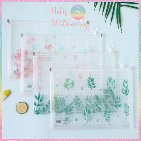 [HOTIS] Bìa đựng tài liệu A4 khóa zip họa tiết hoa lá, hoạt hình dễ thương