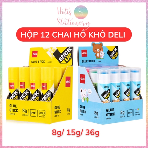 [HOTIS] Hộp 12 chai hồ khô 8g/ 15g/ 36g Deli Glue Stick 3 màu chai lớn tiết kiệm hơn