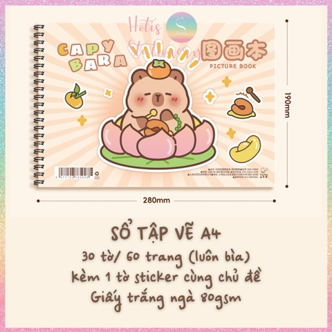 [HOTIS] Sổ vẽ tô màu cho bé khổ A4 bìa in hình Capybara hoạt hình cute, 30 tờ, 60 trang