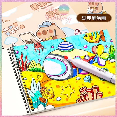 [HOTIS] Sổ vẽ tô màu cho bé khổ A4 bìa in hình Capybara hoạt hình cute, 30 tờ, 60 trang