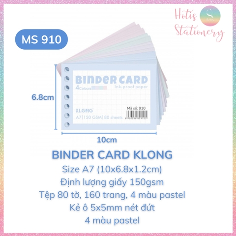 [HOTIS] Tệp 80 tờ Binder Card A7 KLONG 4 màu pastel, gắn sổ còng, làm flashcard - MS: 910