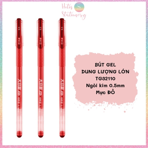 Bút gel dung lượng lớn Hotis vỏ nhựa trong suốn ngòi kim 0.5mm - Xanh/ Đen/ Đỏ