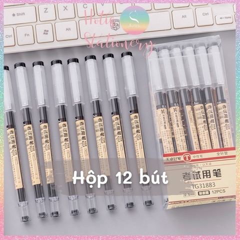 [HOTIS] Hộp 12 cây bút gel đen ngòi kim 0.5mm, vỏ trong suốt, thiết kế đơn giản, hiện đại