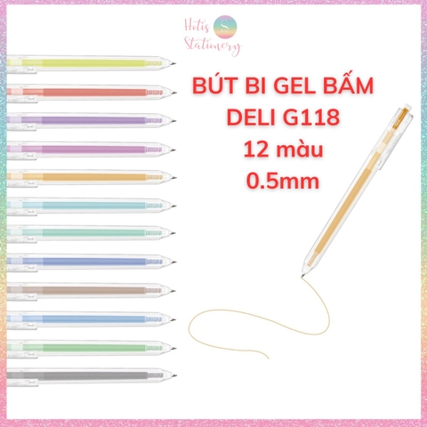 [HOTIS] Bút bi gel bấm 12 màu ngòi 0.5mm DELI Delight Gel Pen nhanh khô viết đều trơn tru lâu hết mực - G118