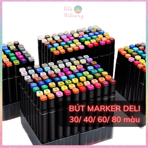 [HOTIS] Bút màu dạ Marker 2 đầu chuyên nghiệp DELI vẽ tranh viết calligraphy 30/40/60/80 màu - Kèm Túi vải
