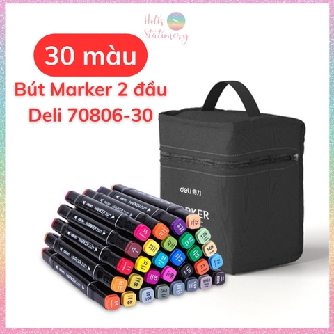 [HOTIS] Bút màu dạ Marker 2 đầu chuyên nghiệp DELI vẽ tranh viết calligraphy 30/40/60/80 màu - Kèm Túi vải
